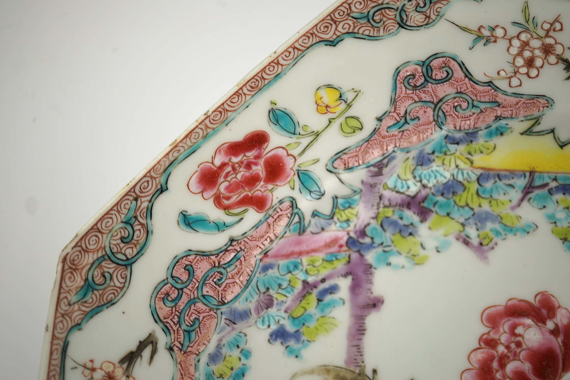 A pair of Chinese famille rose ‘cockerel’ octagonal plates, Yongzheng period